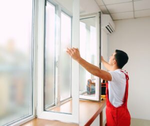 Worker in red overalls installing or adjusting a large modern window indoors.