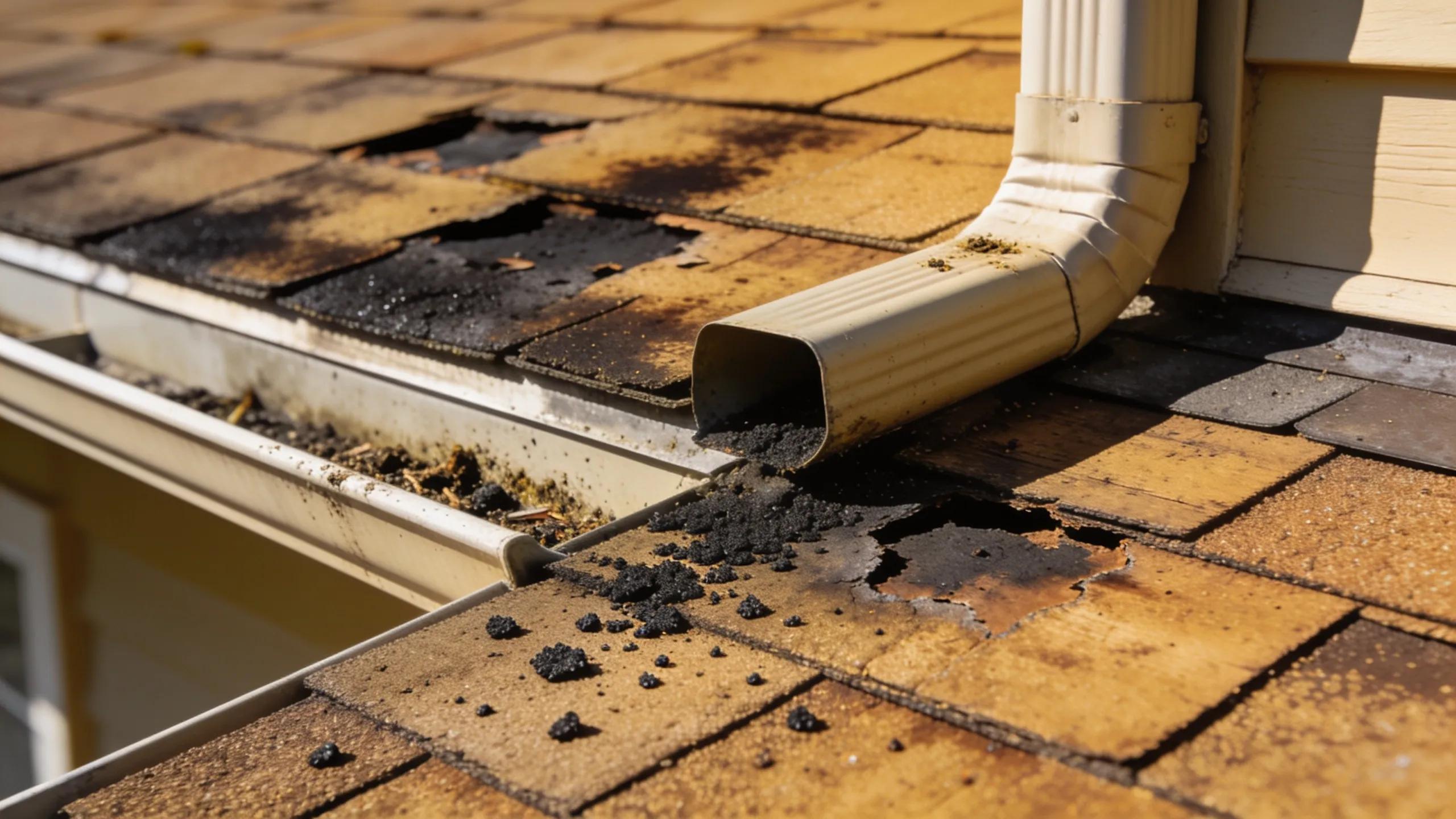 Close-up of damaged roof showing water stains and missing shingles, indicating common roofing issues in Kansas City
