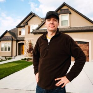 homeowner stands outside of their house with a roof 