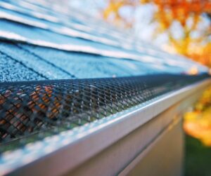 Close-up of a house gutter with a black mesh gutter guard installed to block leaves during fall.