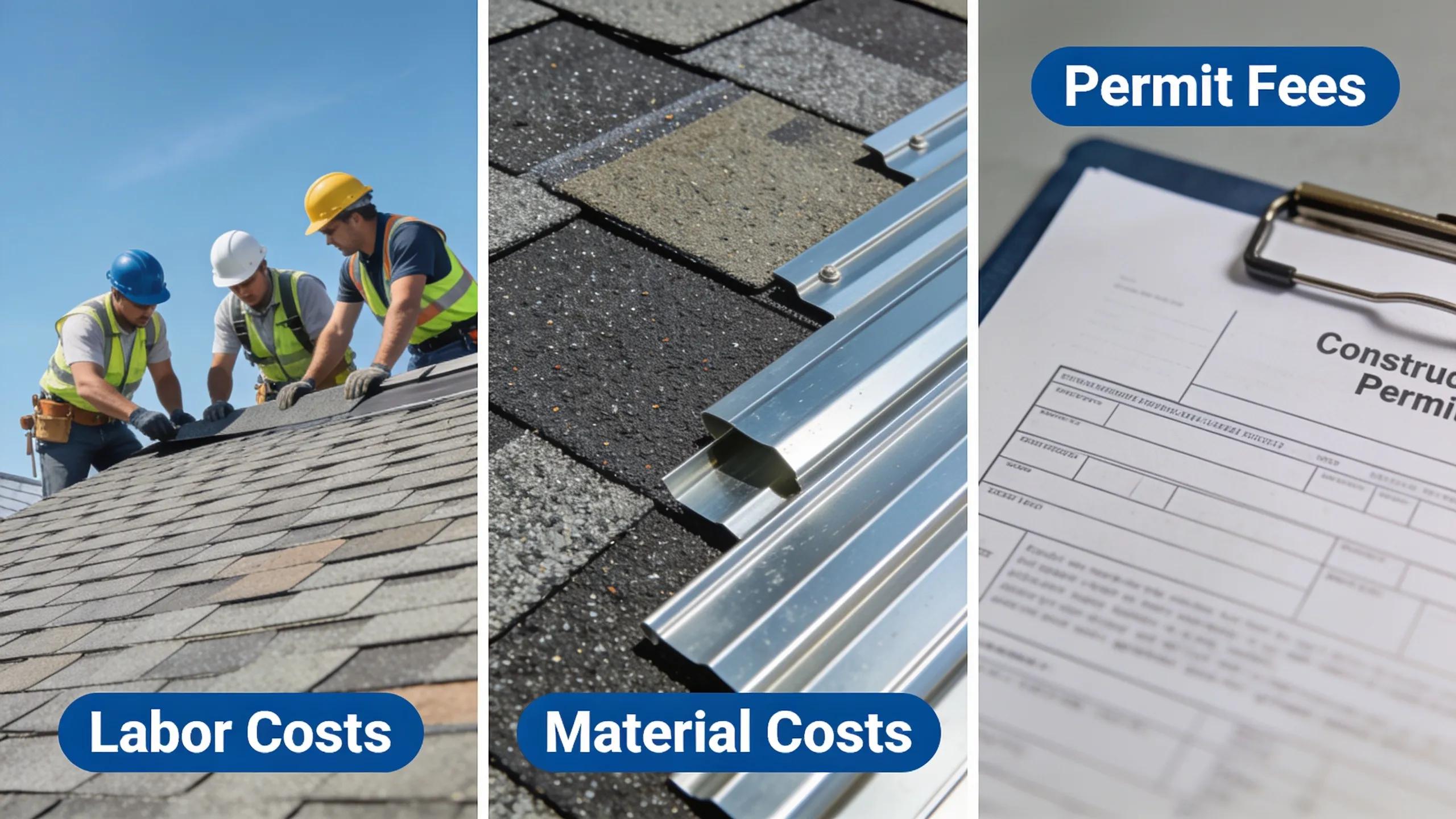 Collage illustrating factors affecting roofing costs: workers, materials, and permits