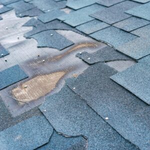 Close-up of damaged asphalt roof shingles exposing water damage beneath, highlighting the need for fall roof repair and winter leak prevention in Kansas City homes.