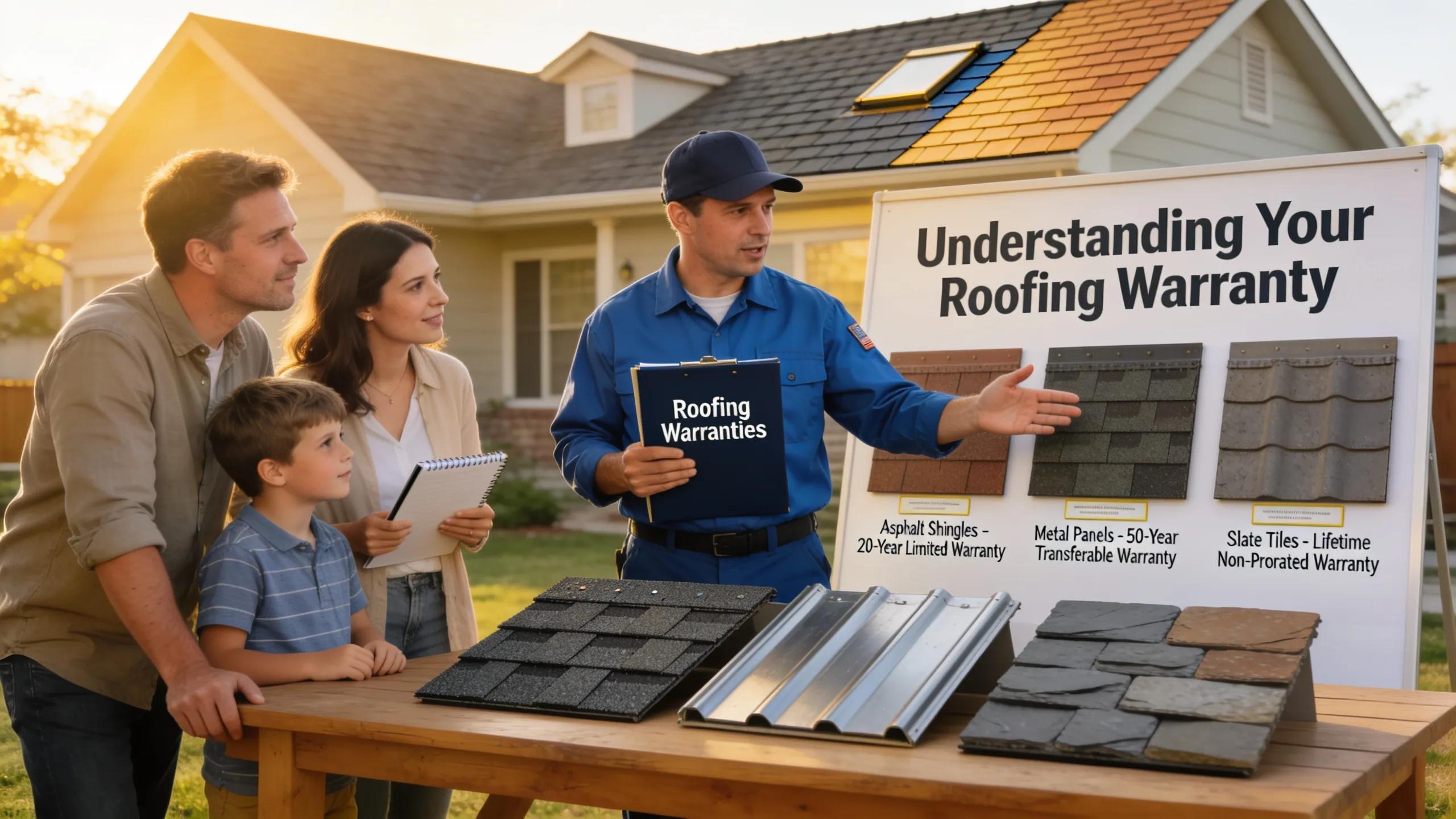 Contractor discussing roofing warranty options with homeowners, emphasizing variety in coverage