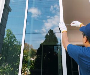Worker in gloves using a screwdriver to repair or install a large glass window from outside.