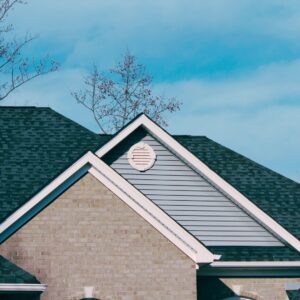 Suburban home with a pitched gable roof, brick facade, and vinyl siding, framed by trees and a blue sky in the background.
