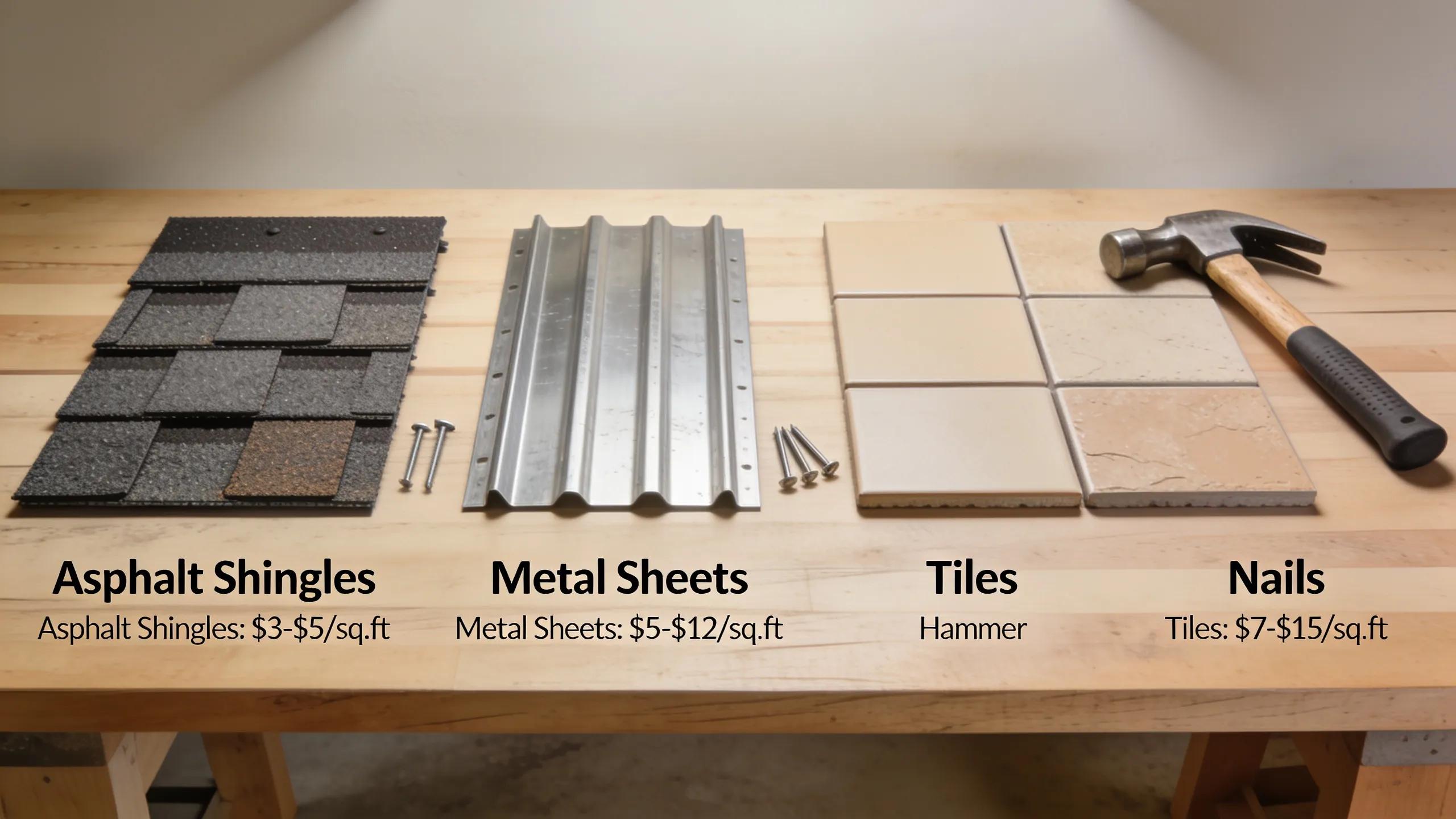 Assorted roofing materials and tools representing costs related to roof repair and replacement