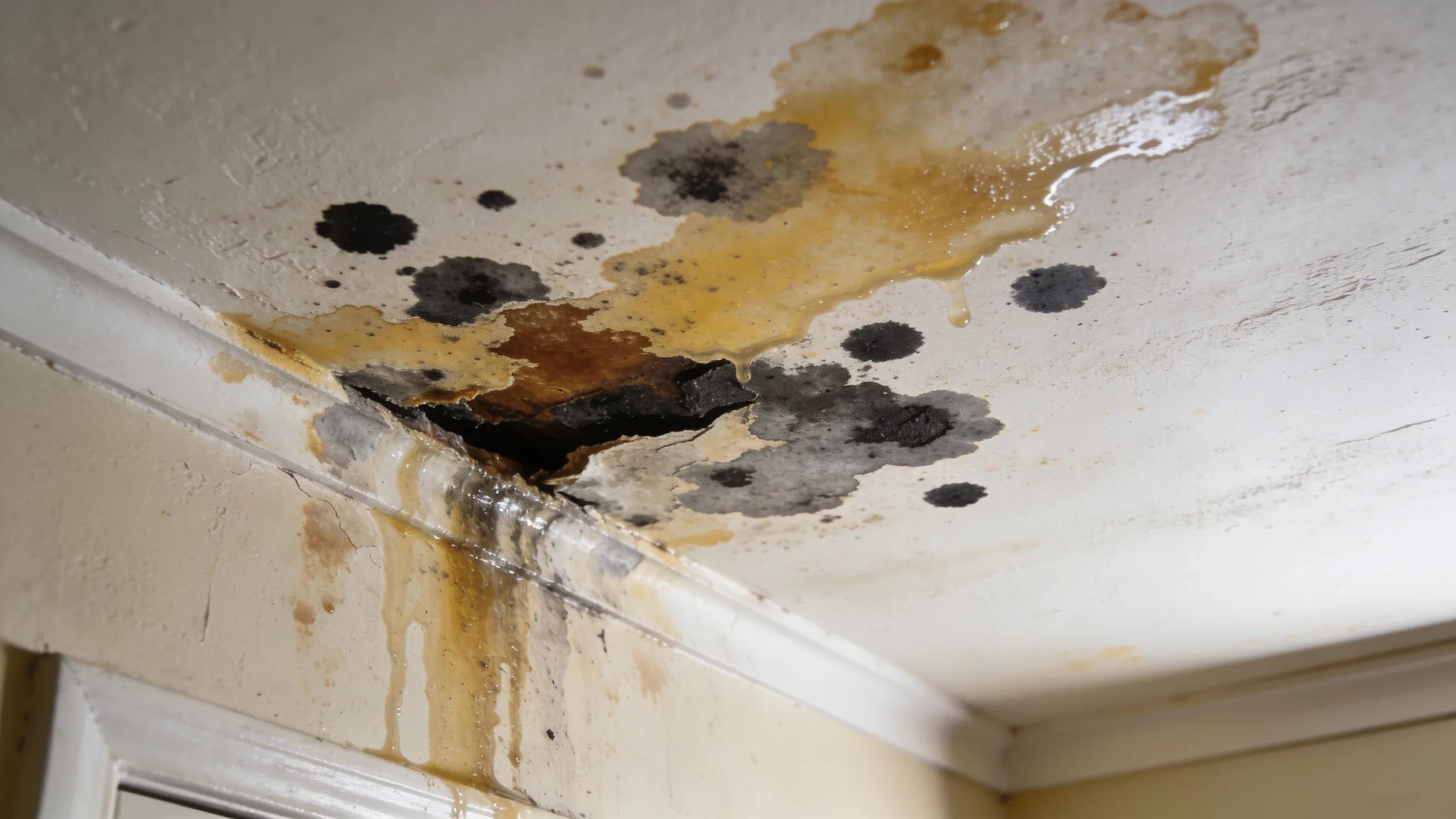 Interior ceiling showing signs of roof leaks, highlighting water damage symptoms