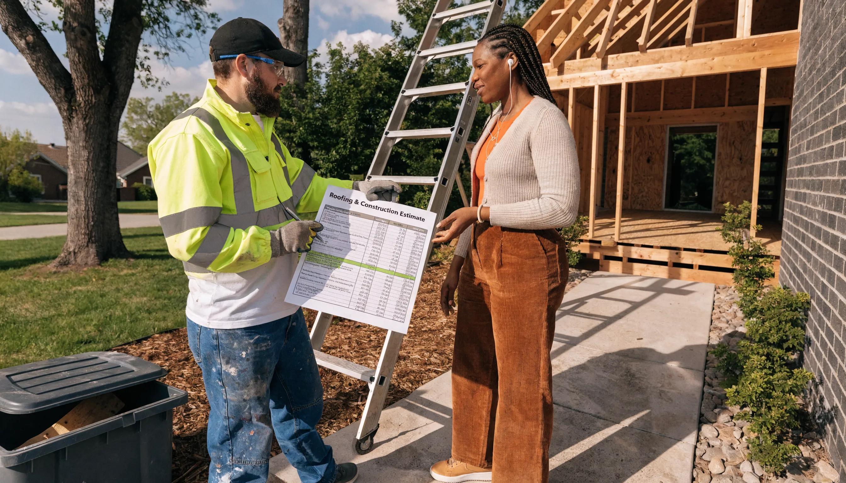 Construction professional discussing transparent pricing with a homeowner at a roofing site