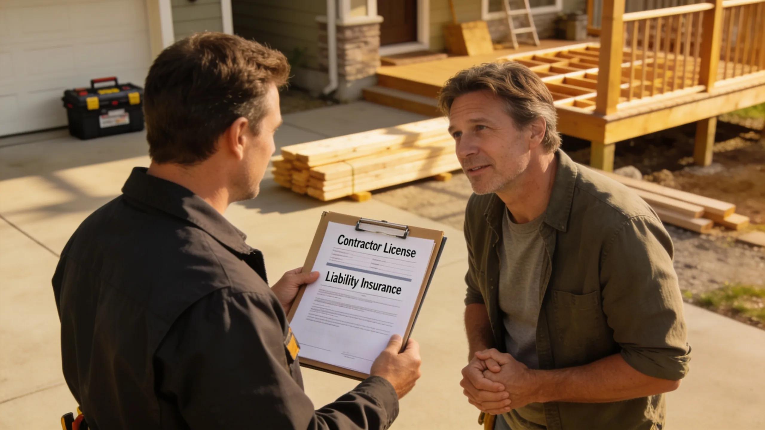 Contractor presenting licensing and insurance credentials to a homeowner outdoors