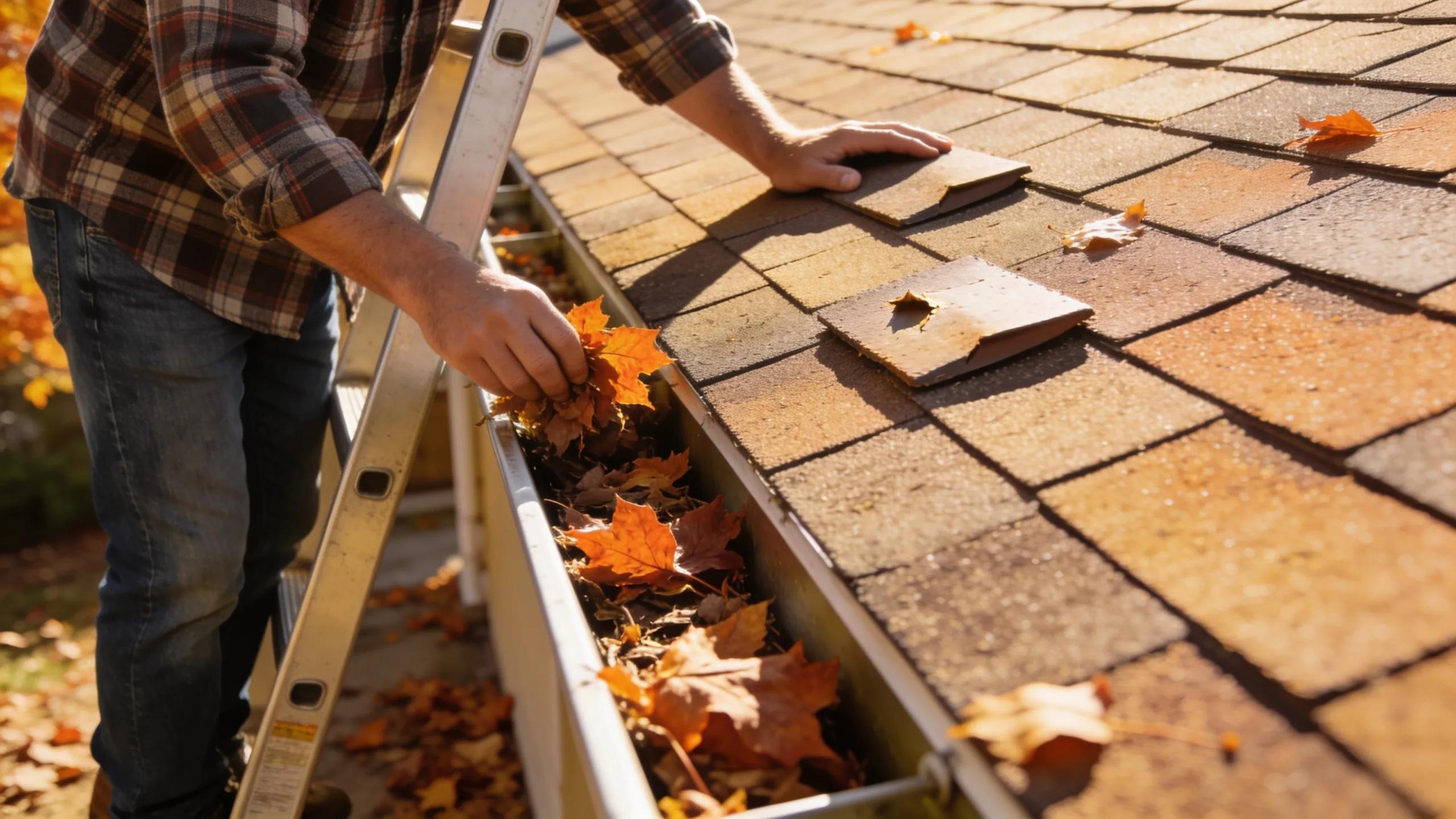 Homeowner conducting seasonal roof inspection during autumn for maintenance