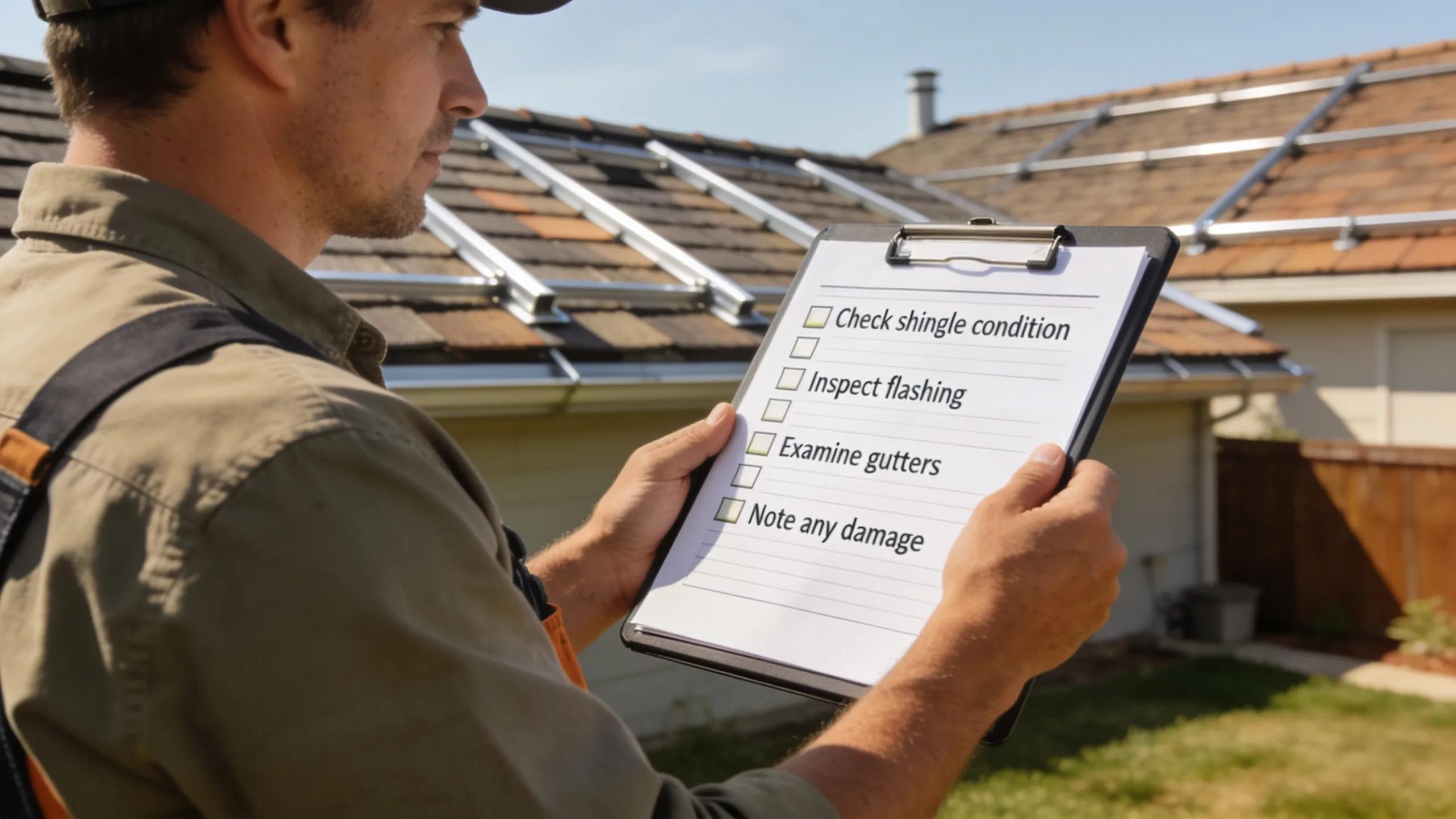 Homeowner using a roof inspection checklist in a residential setting to ensure service quality
